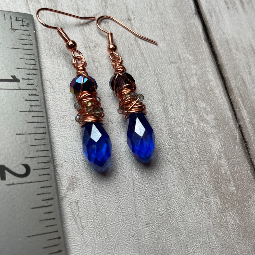 Blue Austrian Crystal Hammered Copper Chaos Wrapped Earrings Artisan Designed - Picture 14 of 17
